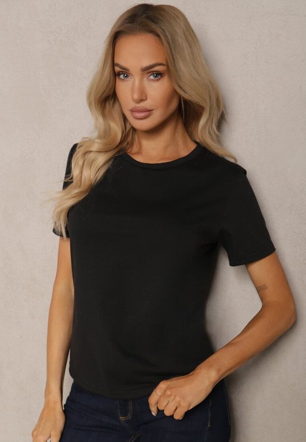 Renee - Czarny T-shirt Koszulka z Krótkim Rękawem i Okrągłym Dekoltem Tiarella. Kolor: czarny. Materiał: jeans. Długość rękawa: krótki rękaw. Długość: krótkie. Wzór: aplikacja. Styl: klasyczny, elegancki
