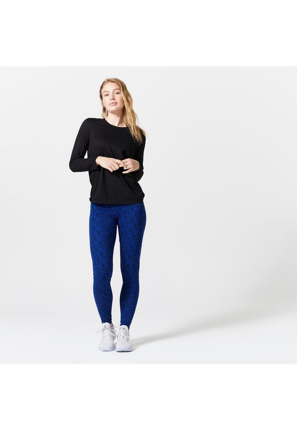 DOMYOS - Koszulka z długim rękawem damska Domyos Gym & Pilates 100. Kolor: czarny. Materiał: tkanina, elastan, materiał, prążkowany, bawełna. Długość rękawa: długi rękaw. Długość: długie. Sport: joga i pilates