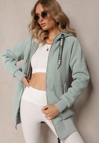 Renee - Miętowa Długa Bluza z Ocieplaną Podszewką i Taśmami z Napisami Filioppa. Kolor: miętowy. Materiał: dzianina. Długość: długie. Wzór: napisy. Sezon: zima, jesień #2