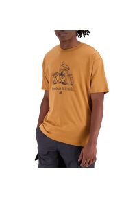 Koszulka New Balance MT31560TOB - brązowa. Kolor: brązowy. Materiał: bawełna, materiał. Długość rękawa: krótki rękaw. Długość: krótkie. Wzór: napisy