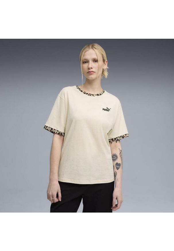 Puma - Damska luźna koszulka Essential ze zwierzęcym nadrukiem PUMA. Kolor: wielokolorowy, biały, beżowy. Wzór: nadruk, motyw zwierzęcy. Sport: fitness