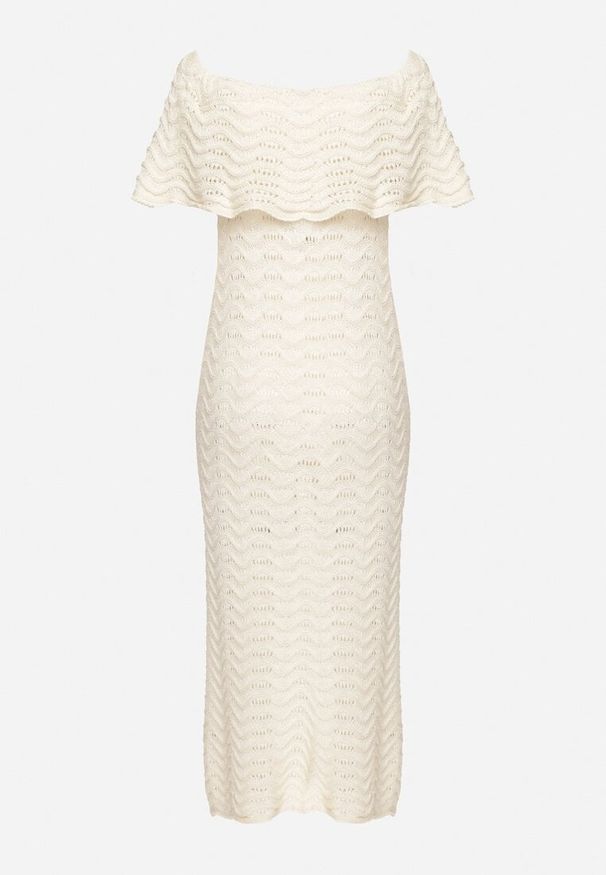 Born2be - Beżowa Ażurowa Sukienka o Fasonie Hiszpanki z Wywijanym Dekoltem Filiorra. Okazja: na co dzień. Typ kołnierza: dekolt hiszpanka. Kolor: beżowy. Materiał: jeans. Wzór: ażurowy. Styl: casual