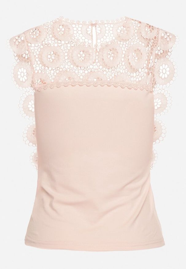 Born2be - Jasnoróżowa Bawełniana Bluzka Top z Koronką przy Dekolcie Zapinana na Guziki Venidia. Okazja: na spotkanie biznesowe. Kolor: różowy. Materiał: bawełna, koronka. Długość rękawa: krótki rękaw. Długość: krótkie. Wzór: koronka. Sezon: lato. Styl: biznesowy