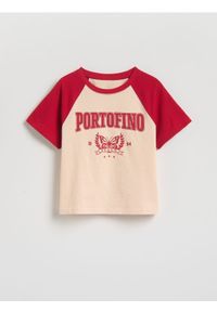 Reserved - T-shirt z kontrastowymi rękawami - beżowy. Kolor: beżowy. Materiał: bawełna