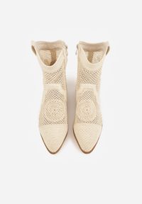 Born2be - Beżowe Ażurowe Botki Kowbojki z Haftem na Niskim Obcasie Typu Stożek Bertolina. Okazja: na co dzień. Kolor: beżowy. Materiał: jeans. Wzór: ażurowy, haft. Obcas: na obcasie. Styl: casual, klasyczny, wizytowy. Wysokość obcasa: niski #3