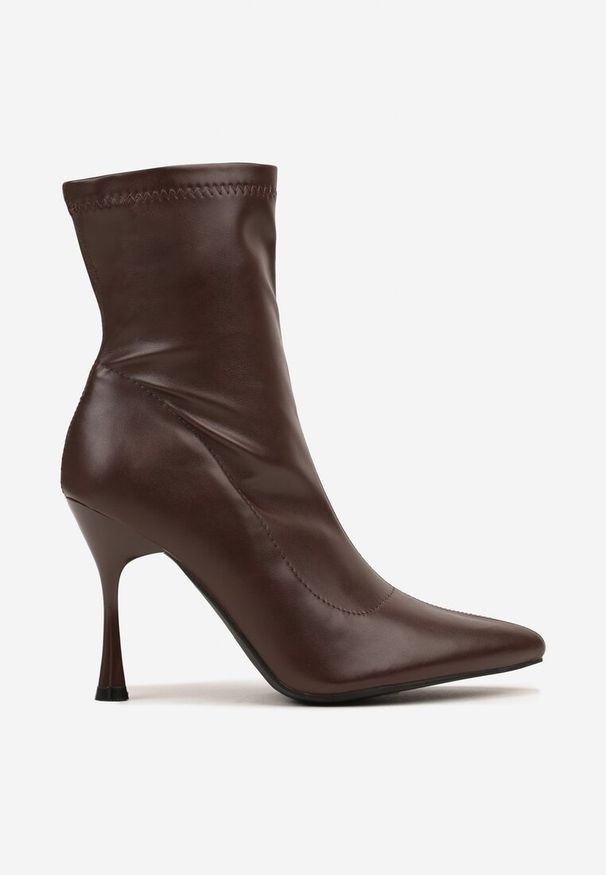 Renee - Brązowe Elastyczne Botki Vices na Klepsydrowym Obcasie Noraye. Okazja: na spotkanie biznesowe. Kolor: brązowy. Materiał: jeans. Szerokość cholewki: normalna. Obcas: na obcasie. Styl: biznesowy, klasyczny, elegancki. Wysokość obcasa: średni