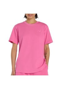 Koszulka damska New Balance WT41501AAC - różowa. Kolor: różowy. Materiał: bawełna. Długość rękawa: krótki rękaw. Długość: krótkie. Wzór: napisy #1