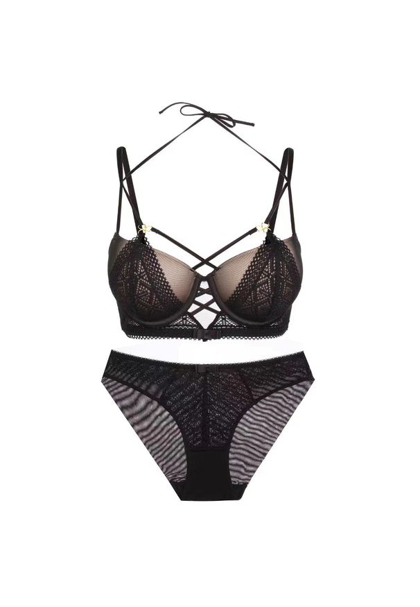 Intica - Komplet bielizny z haftem i regulowanymi paskami Volkea. Kolor: czarny. Materiał: materiał. Wzór: haft