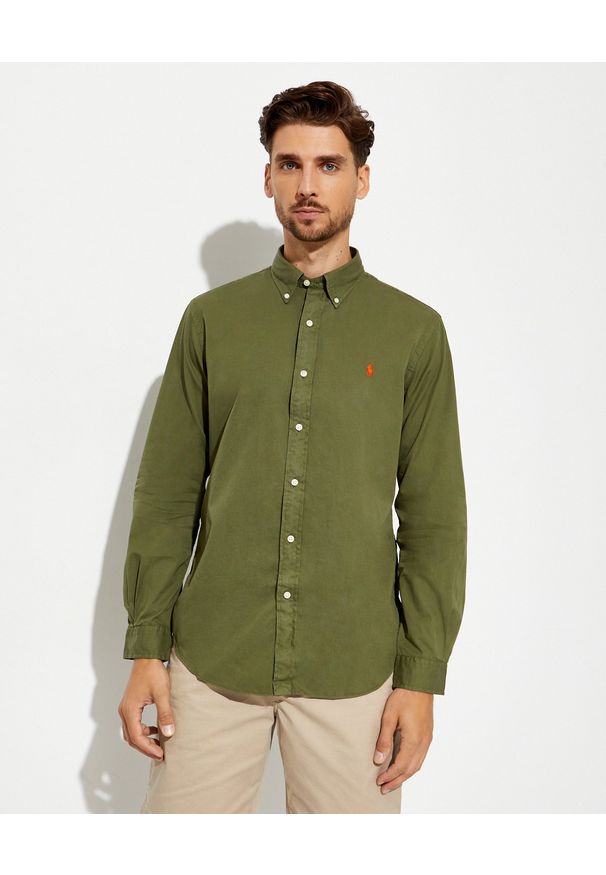 Ralph Lauren - RALPH LAUREN - Koszula Custom Fit khaki. Typ kołnierza: polo. Kolor: zielony. Materiał: bawełna. Wzór: haft