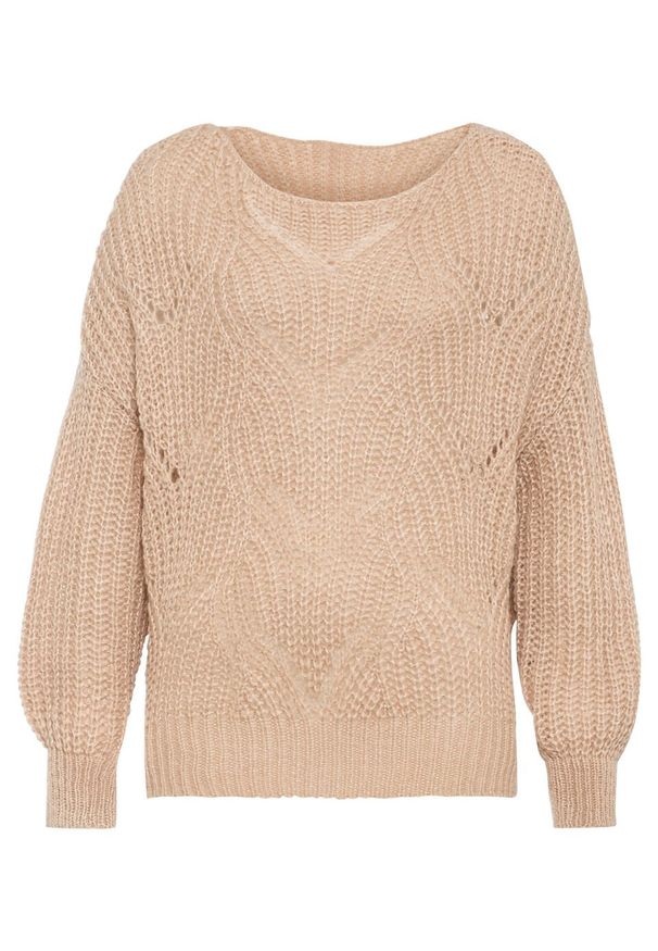 Sweter oversize w ażurowy wzór bonprix bezowy. Kolor: beżowy. Wzór: ażurowy