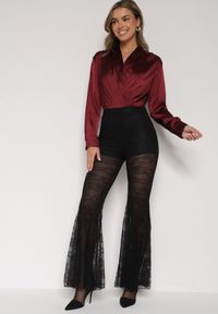 Born2be - Czarne Koronkowe Spodnie Dzwony z Wysokim Stanem Solifera. Okazja: na co dzień. Stan: podwyższony. Kolor: czarny. Materiał: koronka. Wzór: koronka. Styl: casual #4