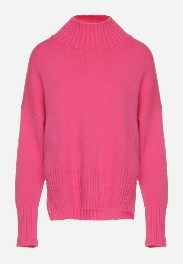 Born2be - Fuksjowy Gładki Golf w Klasycznym Stylu Ralenatia. Okazja: na co dzień. Typ kołnierza: golf. Kolor: różowy. Materiał: skóra, jeans. Długość rękawa: długi rękaw. Długość: długie. Wzór: gładki. Styl: klasyczny
