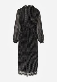 Renee - Czarna Sukienka w Kropki Ozdobiona Koronką i Przezroczystymi Rękawami Neanirae. Typ kołnierza: dekolt w kształcie V. Kolor: czarny. Materiał: koronka. Wzór: kropki, aplikacja, koronka. Sezon: wiosna. Styl: klasyczny #6