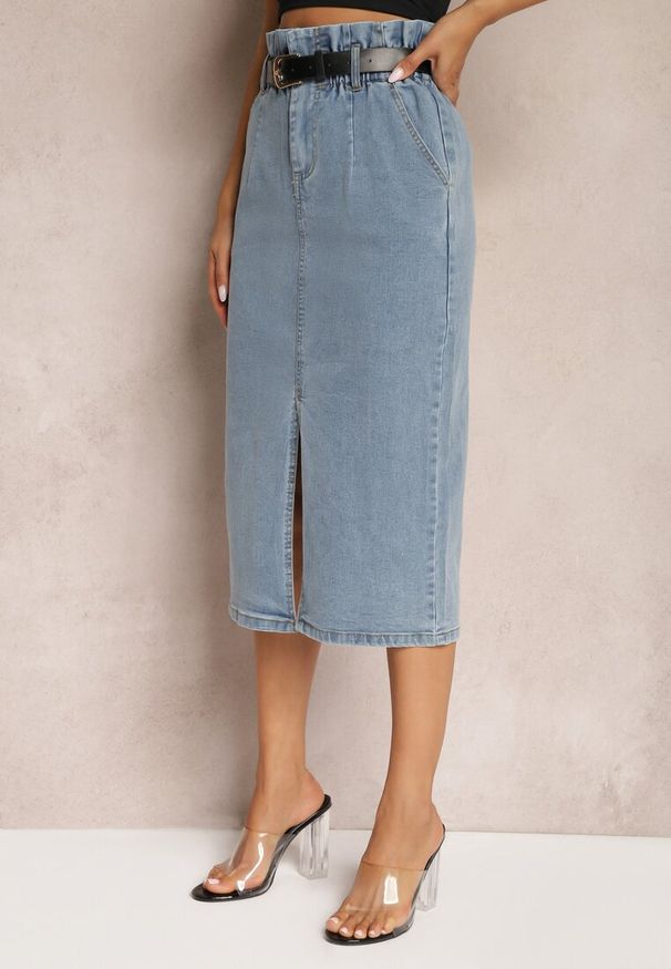 Renee - Niebieska Bawełniana Spódnica High Waist z Rozcięciem Paskiem i Gumką w Talii Crisbella. Okazja: na co dzień. Stan: podwyższony. Kolor: niebieski. Materiał: bawełna. Styl: casual, elegancki