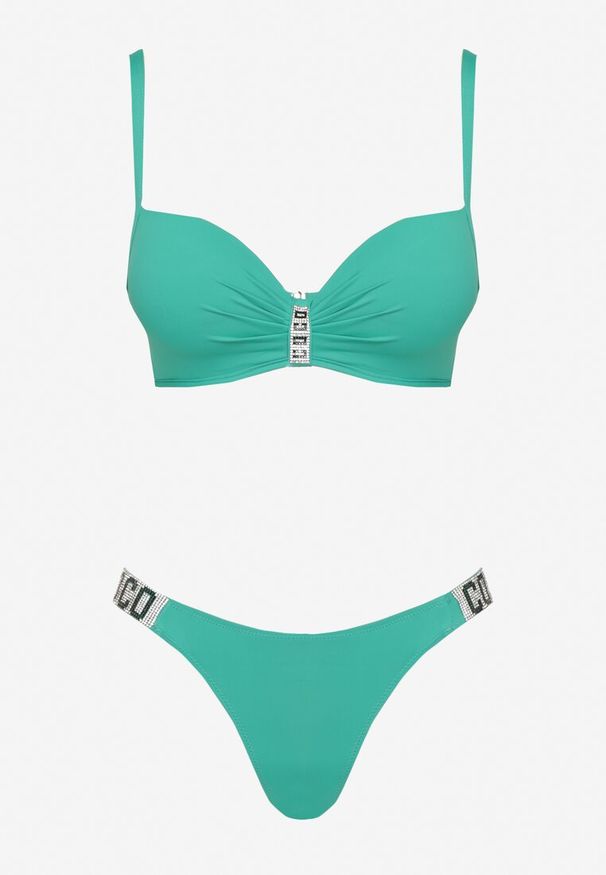 Born2be - Zielone Bikini Biustonosz i Majtki Figi z Cyrkoniowymi Zdobieniami Galivra. Kolor: zielony. Wzór: aplikacja