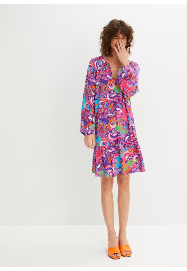 bonprix - Sukienka tunikowa z lejącej wiskozy. Kolor: różowy. Materiał: wiskoza. Wzór: nadruk. Styl: elegancki