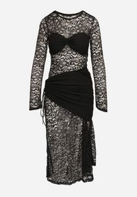 Born2be - Czarna Koktajlowa Sukienka Koronkowa z Usztywnionymi Miseczkami i Marszczeniami Temias. Kolor: czarny. Materiał: koronka. Długość rękawa: długi rękaw. Wzór: koronka. Styl: wizytowy #3