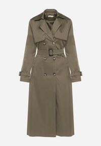 Born2be - Zielony Płaszcz Trencz Dwurzędowy Ozdobiony Paskiemz Klamrą Tinbella. Okazja: na co dzień. Kolor: zielony. Materiał: jeans. Wzór: aplikacja. Styl: casual, elegancki, klasyczny #3