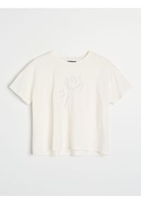 Sinsay - Bawełniana koszulka z kwiatowym haftem - kremowy. Kolor: kremowy. Materiał: bawełna. Wzór: haft, kwiaty #1