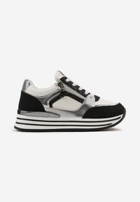 Born2be - Czarno-Białe Sneakersy na Platformie Ozdobione Brokatem i Suwakiem Heliaza. Nosek buta: okrągły. Zapięcie: sznurówki. Kolor: czarny. Materiał: materiał. Wzór: aplikacja. Obcas: na platformie. Wysokość obcasa: niski #2