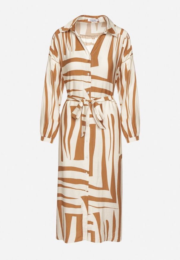 Born2be - Beżowa Sukienka Koszulowa z Wiskozą w Geometryczny Wzór Wiązana w Talii Ninalora. Okazja: na co dzień, na spacer. Kolor: beżowy. Materiał: wiskoza. Długość rękawa: długi rękaw. Wzór: geometria. Typ sukienki: koszulowe. Styl: elegancki, casual