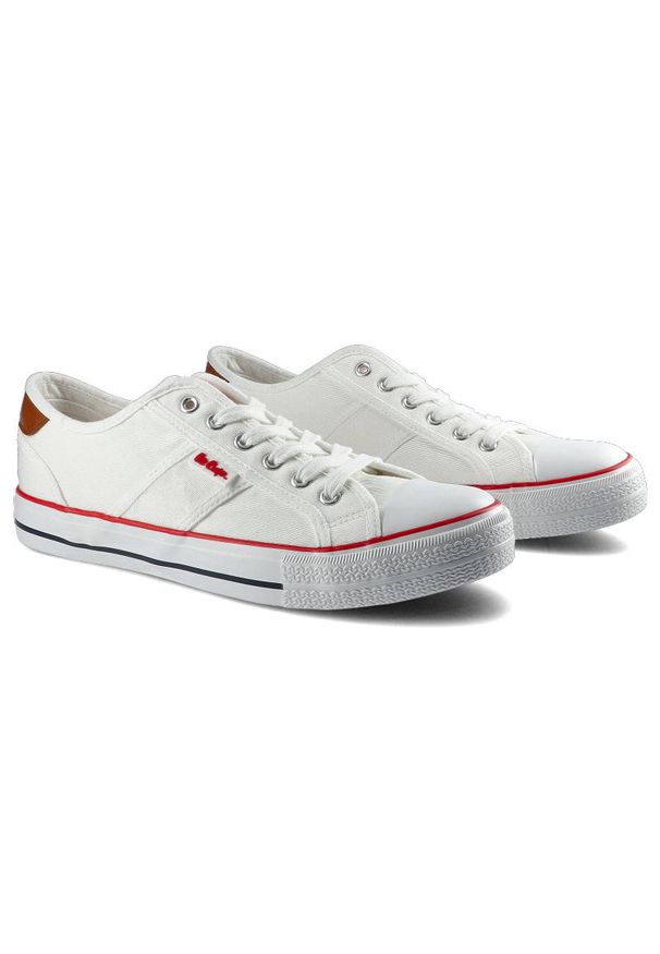 Białe Trampki Lee Cooper Męskie Wygodne Obuwie. Okazja: na co dzień. Kolor: biały. Materiał: skóra ekologiczna, jeans, materiał, guma. Szerokość cholewki: normalna. Wzór: aplikacja. Styl: elegancki, casual, klasyczny