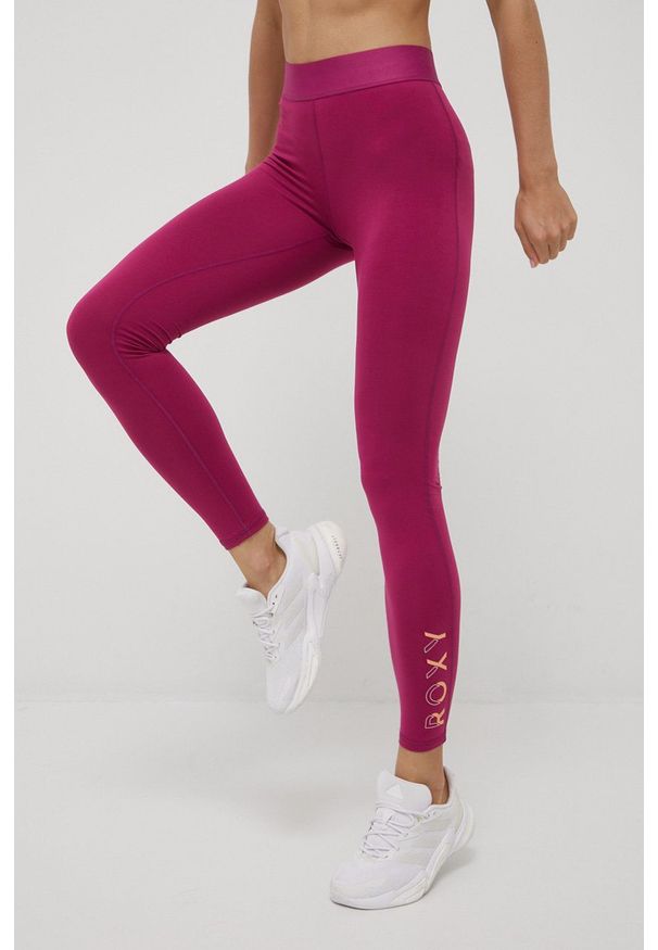 Roxy legginsy treningowe damskie kolor różowy z nadrukiem. Stan: podwyższony. Kolor: różowy. Materiał: skóra, materiał. Wzór: nadruk