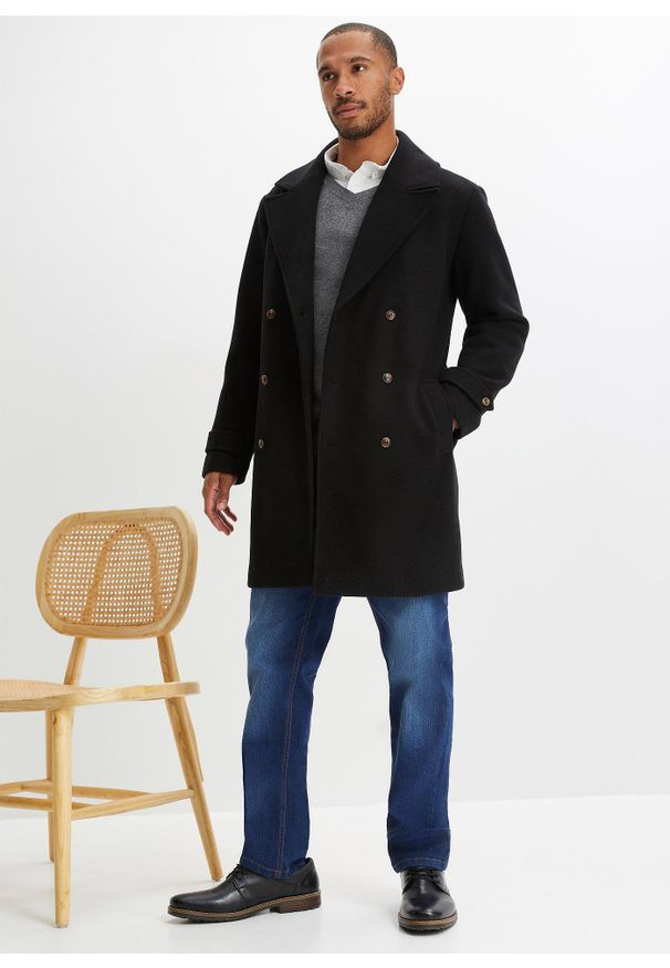 bonprix - Płaszcz dwurzędowy z materiału z domieszką wełny. Kolor: czarny. Materiał: wełna, materiał