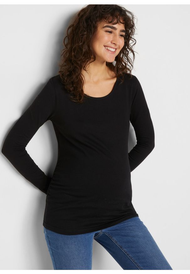 bonprix - Shirt ciążowy z bawełny (2 szt.). Kolekcja: moda ciążowa. Kolor: czarny. Materiał: bawełna. Długość rękawa: długi rękaw. Długość: długie