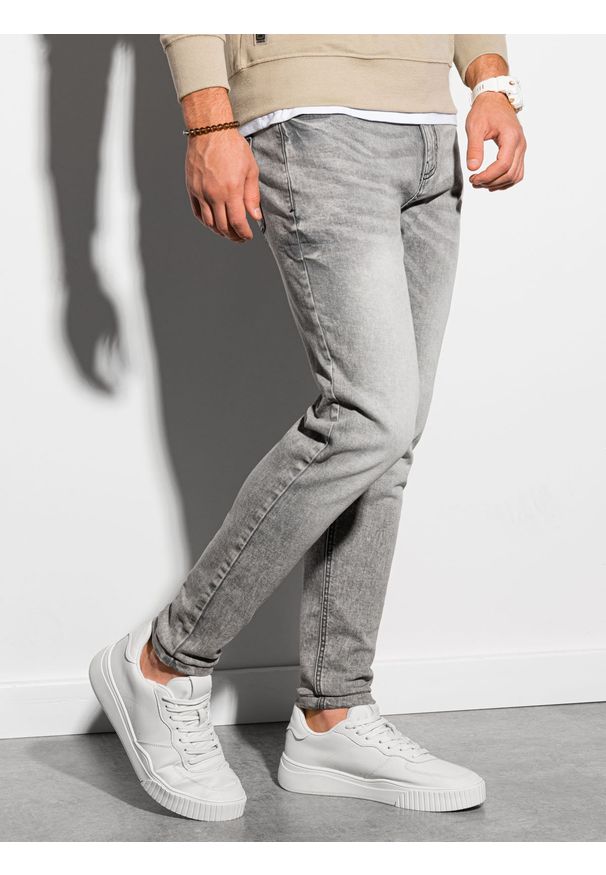 Ombre Clothing - Spodnie męskie jeansowe z marmurkowym efektem SLIM FIT P1022 - szare - XL. Kolor: szary. Materiał: jeans