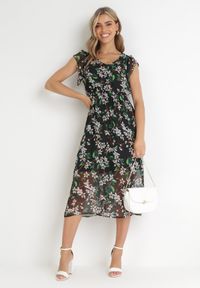 Born2be - Czarna Sukienka Gobney. Kolor: czarny. Materiał: wiskoza, materiał, tkanina. Długość rękawa: krótki rękaw. Wzór: kwiaty. Długość: midi #2