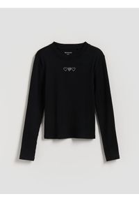 Reserved - Prążkowana bluzka z aplikacją - czarny. Kolor: czarny. Materiał: prążkowany. Wzór: aplikacja