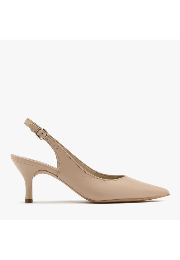 Ryłko - Beżowe czółenka typu slingback MICHELLE. Kolor: beżowy. Materiał: skóra. Obcas: na obcasie. Styl: street. Wysokość obcasa: średni