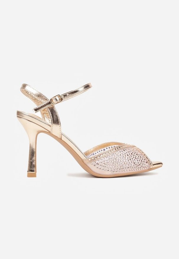 Renee - Szampańskie Eleganckie Sandały na Szpilce Ozdobione Cyrkoniami Viofera. Zapięcie: sprzączka. Kolor: złoty. Materiał: jeans. Wzór: aplikacja. Sezon: lato. Obcas: na szpilce. Styl: elegancki
