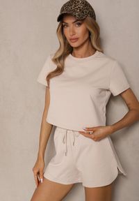 Renee - Jasnobeżowy Bawełniany T-shirt o Fasonie Cropped Galionela. Okazja: na co dzień. Kolor: beżowy. Materiał: bawełna. Sezon: lato, wiosna. Styl: casual