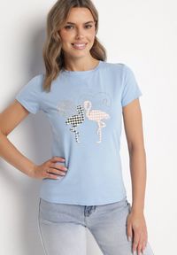 Born2be - Jasnoniebieski T-shirt z Bawełny z Cyrkoniami i Nadrukiem Listebia. Okazja: na co dzień. Kolor: niebieski. Materiał: bawełna. Wzór: nadruk. Styl: klasyczny, casual