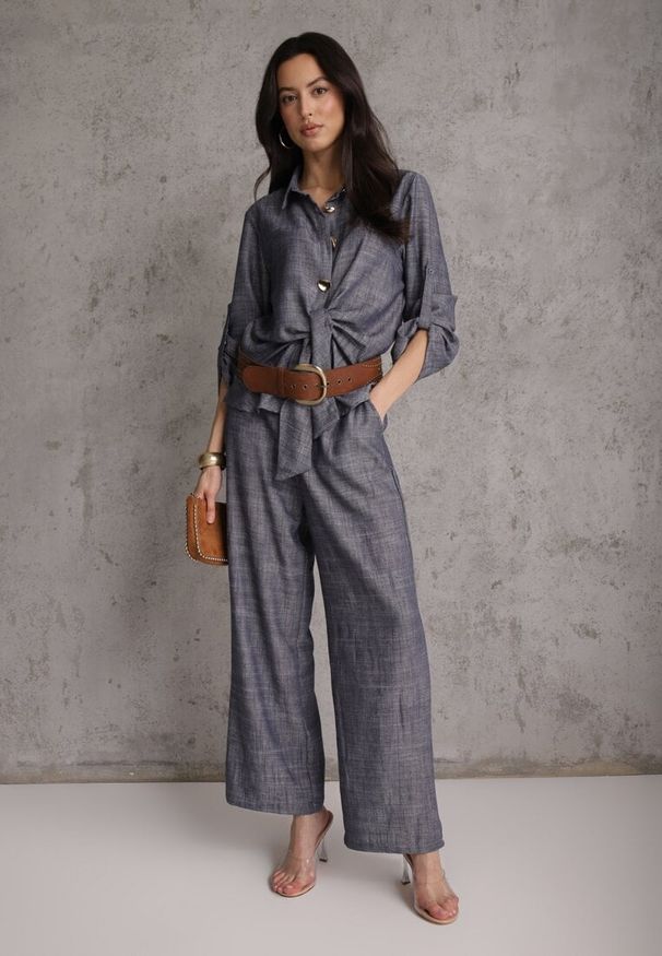 Renee - Niebieski Komplet z Wiskozą Bawełną i Lnem Wiązana Koszula i Szerokie Spodnie Ravisela. Kolor: niebieski. Materiał: wiskoza, bawełna, len