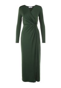 Born2be - Ciemnozielona Sukienka Mellona. Typ kołnierza: dekolt w kształcie V. Kolor: zielony. Materiał: dzianina, materiał. Długość rękawa: długi rękaw. Wzór: gładki. Typ sukienki: kopertowe. Styl: glamour, elegancki. Długość: maxi #7
