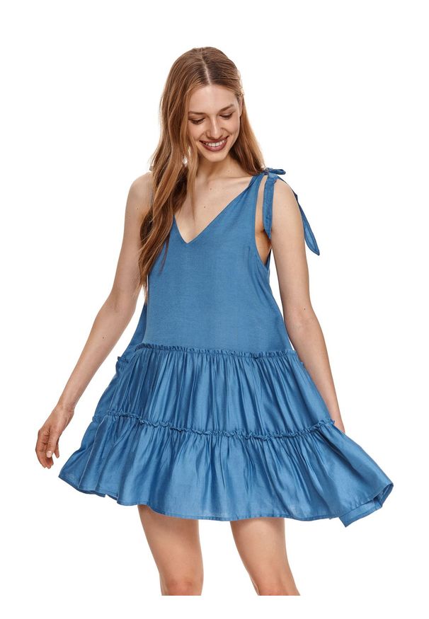 DRYWASH - Krótka sukienka z falbanami. Typ kołnierza: dekolt w serek. Kolor: niebieski. Materiał: len, tkanina. Długość rękawa: na ramiączkach. Sezon: lato. Styl: wakacyjny. Długość: mini