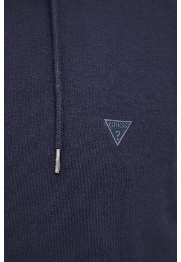 Guess Bluza męska kolor granatowy z kapturem gładka. Okazja: na co dzień. Typ kołnierza: kaptur. Kolor: niebieski. Materiał: dzianina. Wzór: gładki. Styl: casual