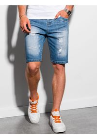 Ombre Clothing - Krótkie spodenki męskie jeansowe W306 - niebieskie - XXL. Kolor: niebieski. Materiał: jeans. Długość: krótkie. Wzór: aplikacja. Styl: klasyczny
