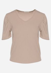 Born2be - Ciemnobeżowy Prążkowany T-shirt z Zakładkami przy Rękawach Kolanovia. Okazja: na co dzień. Kolor: beżowy. Materiał: prążkowany. Styl: casual #3