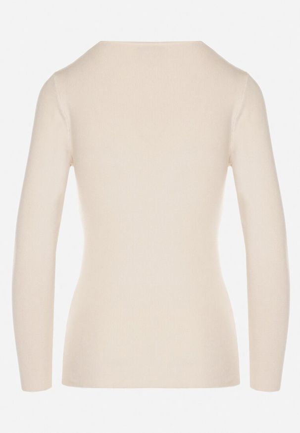 Born2be - Beżowy Dopasowany Sweter z Nieregularnym Dekoltem w Serek Fenarela. Okazja: do pracy, na co dzień, na spotkanie biznesowe. Typ kołnierza: dekolt w serek. Kolor: beżowy. Materiał: jeans. Styl: casual, biznesowy