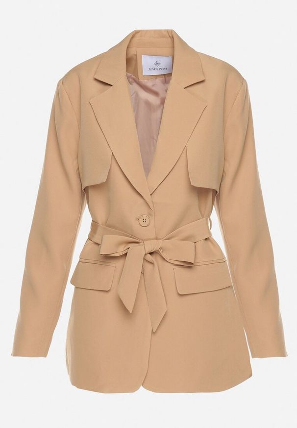 Born2be - Beżowa Jednorzędowa Marynarka z Kieszeniami i Wiązanym Paskiem Inellora. Okazja: na co dzień. Kolor: beżowy. Materiał: jeans. Styl: klasyczny, casual, elegancki