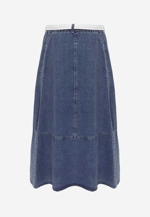 Renee - Granatowa Bawełniana Spódnica Jeansowa o Rozkloszowanym Kroju z Ozdobnym Paskiem Eatiane. Okazja: na co dzień. Kolor: niebieski. Materiał: jeans, bawełna. Wzór: gładki. Styl: casual