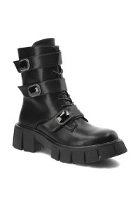 Czarne Botki S.Barski Modne Buty Damskie. Okazja: na co dzień. Zapięcie: klamry. Kolor: czarny. Materiał: skóra ekologiczna, materiał. Wzór: paski. Obcas: na obcasie. Styl: casual, elegancki. Wysokość obcasa: średni #1