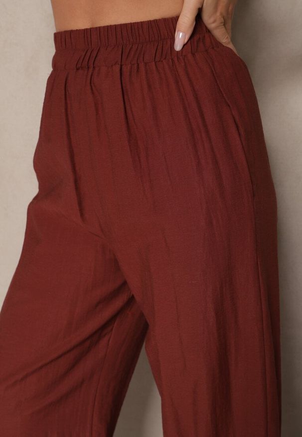Renee - Bordowe Wiskozowe Spodnie Palazzo High Waist z Lnem Linaselia. Stan: podwyższony. Kolor: czerwony. Materiał: wiskoza, len. Sezon: lato