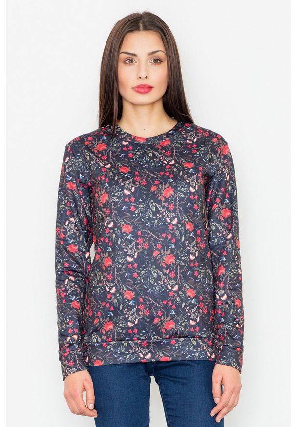 Figl - Czarna Klasyczna Bluza w Kolorowe Kwiaty. Kolor: czarny. Materiał: poliester. Wzór: kolorowy, kwiaty. Styl: klasyczny