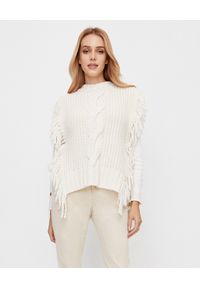 PESERICO - Beżowy sweter z frędzlami. Kolor: beżowy. Materiał: materiał, kaszmir, jedwab, wełna. Długość rękawa: długi rękaw. Długość: długie. Wzór: aplikacja