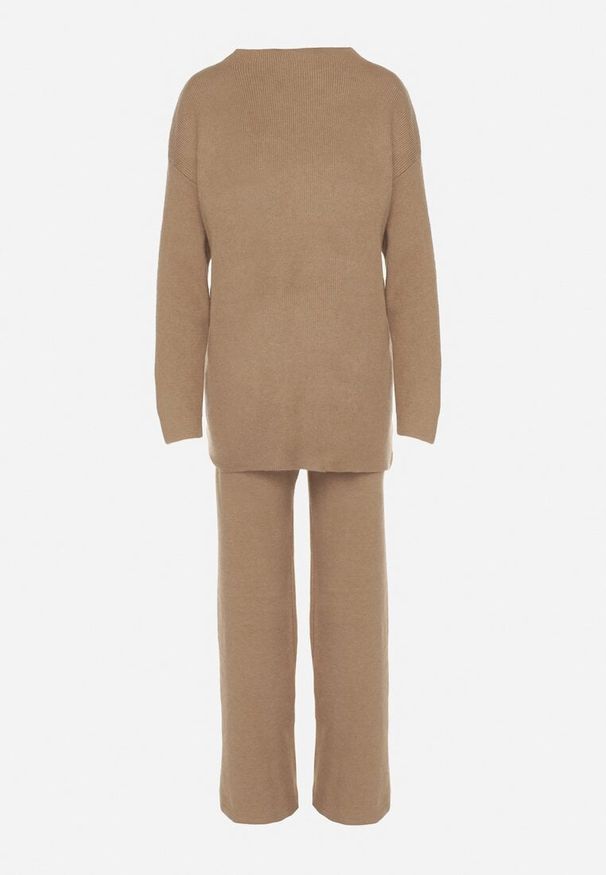 Born2be - Ciemnobeżowy Dzianinowy Komplet z Bawełną i Wełną Długi Sweter i Szerokie Spodnie Reinesa. Kolor: beżowy. Materiał: dzianina, bawełna, wełna